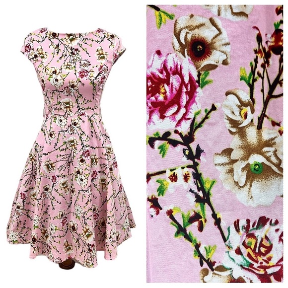 Modcloth Retro Floral Rose Bombshell Pink Swing Dress - Picture 1 of 9